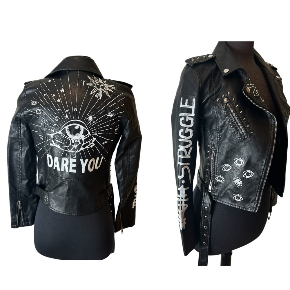 Yilanuoyi Occult Wiccan Faux Leather Jacket with Silver Metal Accents Size Small